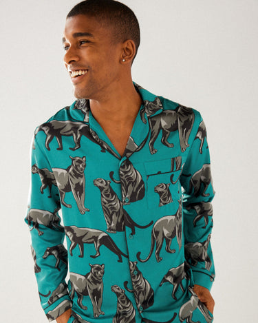 Men's Satin Teal Jaguar Print Long Pyjama Set